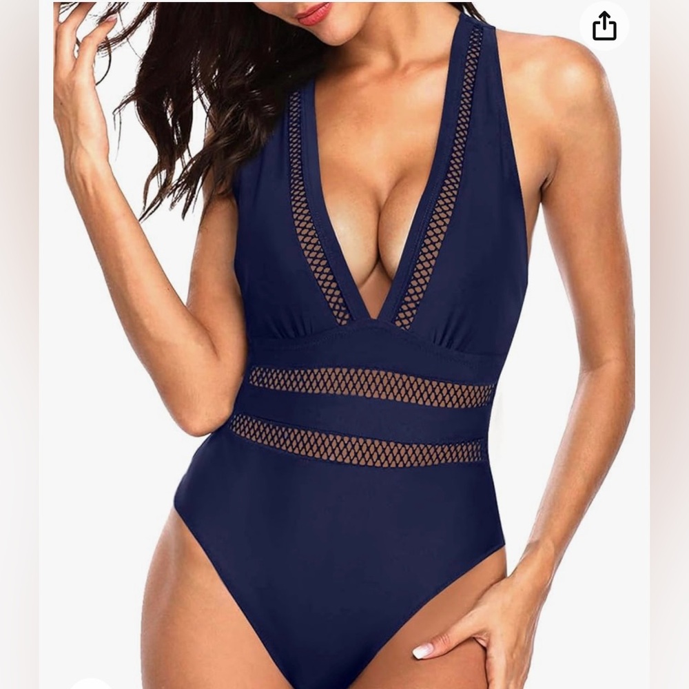 NWT Tempt Me  One Piece Navy Blue Plunge Hollow Bathing Suit. Size M SKU 396